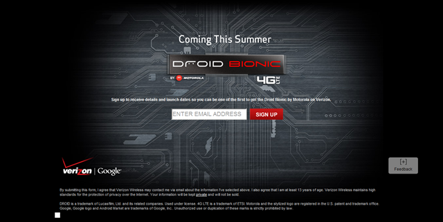 DROID Bionic Sign Up page 
