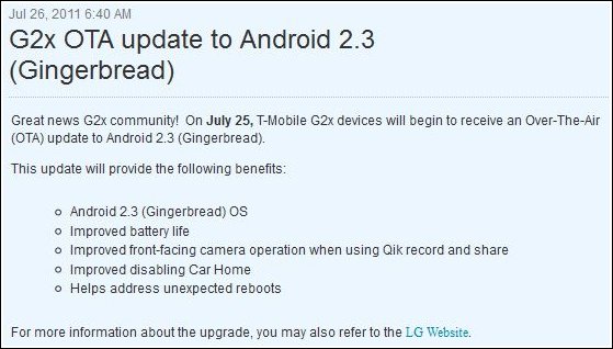 T-Mobile G2X Android Gingerbread Update